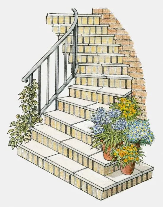 Framed Print : Illustration of steps decorated with flower pots and ivy growing on handrail Framed Print : Illustration of steps decorated with flower pots and ivy growing on handrail