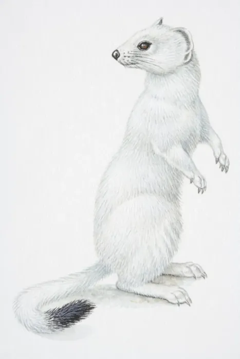 Framed Print : Illustration, Stoat or Ermine (Mustela erminea) standing on hind legs and turning its head back to look behind it, side view Framed Print : Illustration, Stoat or Ermine (Mustela erminea) standing on hind legs and turning its head back to look behind it, side view