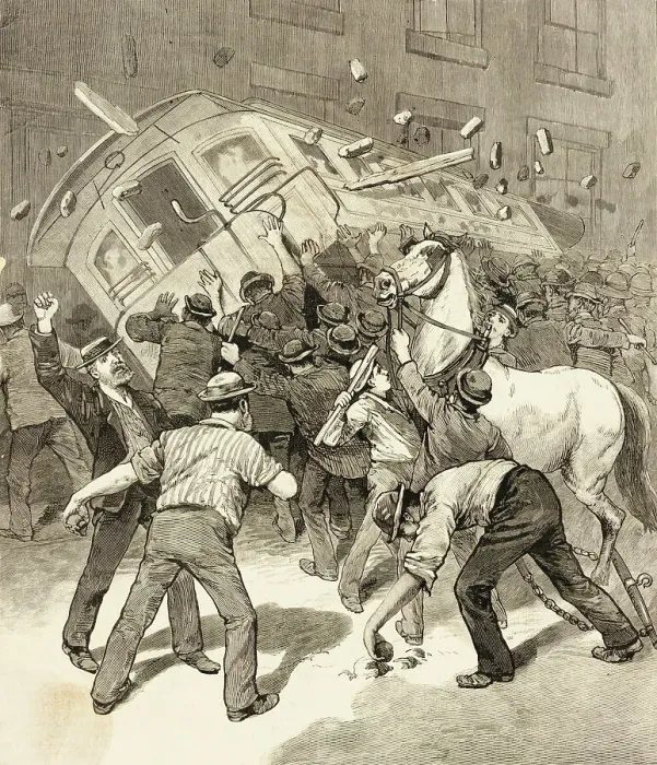 Framed Print : Illustration of Striking Conductors and Drivers Overturning a Trolley Car