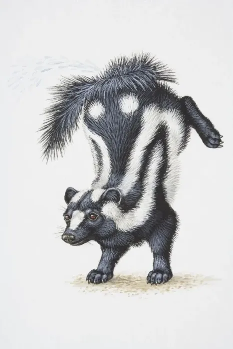 Framed Print : Illustration, Striped Skunk (Mephitis mephitis) standing on forelegs with its hind legs thrown up in the air, side view Framed Print : Illustration, Striped Skunk (Mephitis mephitis) standing on forelegs with its hind legs thrown up in the air, side view