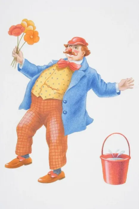 Framed Print : Illustration, stumbling clown holding bunch of flowers standing next to red bucket with water splashing Framed Print : Illustration, stumbling clown holding bunch of flowers standing next to red bucket with water splashing