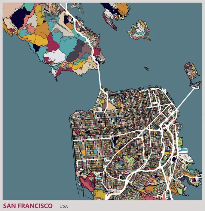 Framed Print : Illustration style map, San francisco city