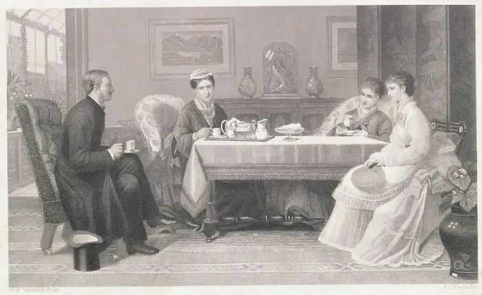 Framed Print : Illustration of a Suitor Visiting Young Woman and Her Family Framed Print : Illustration of a Suitor Visiting Young Woman and Her Family