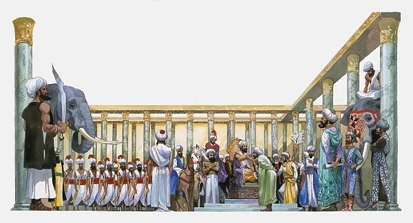 Illustration of Sultan in Hall of One Thousand Pillars with elephants, soldiers and guards