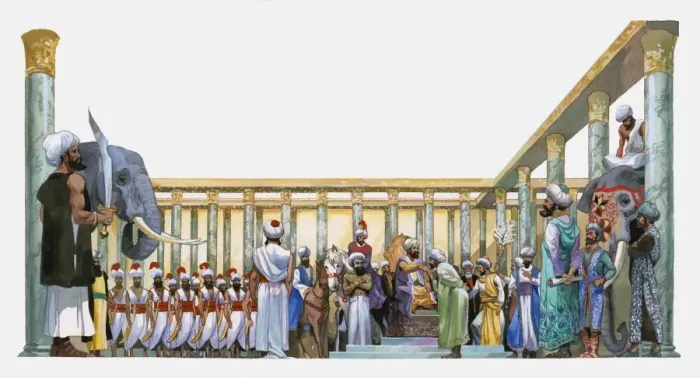 Framed Print : Illustration of Sultan in Hall of One Thousand Pillars with elephants, soldiers and guards Framed Print : Illustration of Sultan in Hall of One Thousand Pillars with elephants, soldiers and guards