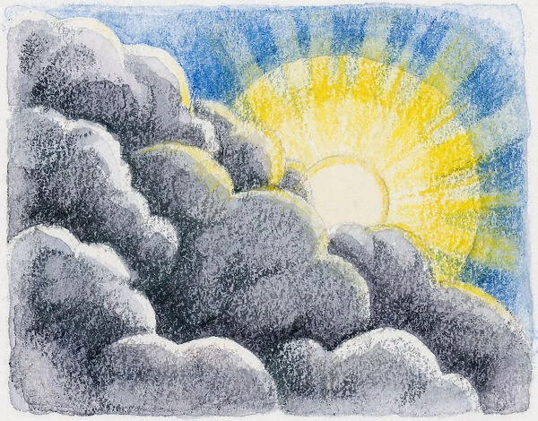 Illustration of sun shining behind grey clouds