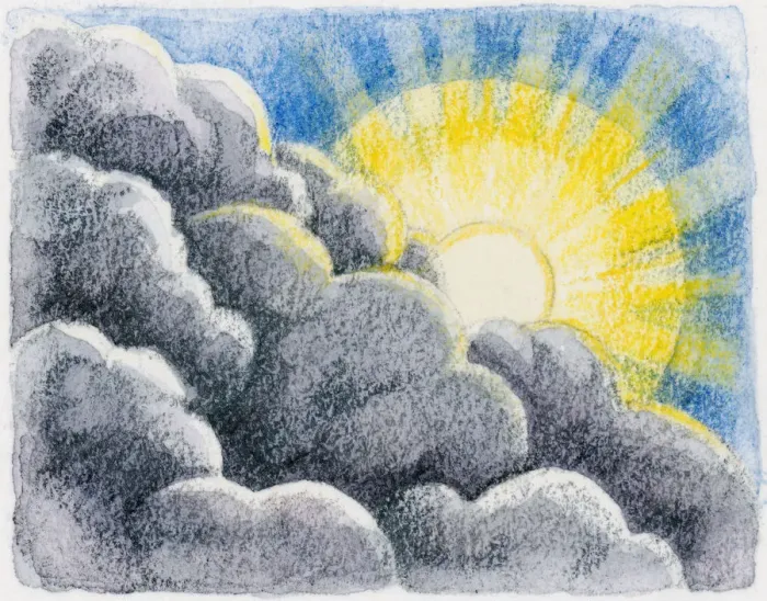 Framed Print : Illustration of sun shining behind grey clouds Framed Print : Illustration of sun shining behind grey clouds