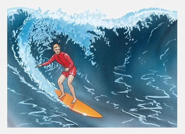 Illustration of surfer and large wave