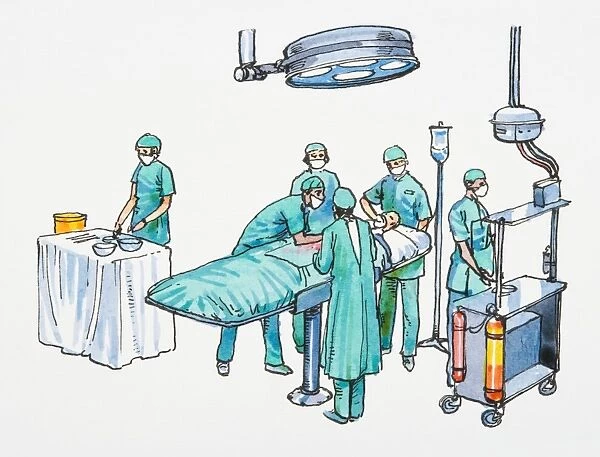 Illustration of surgeon, assistants and patient in operating room