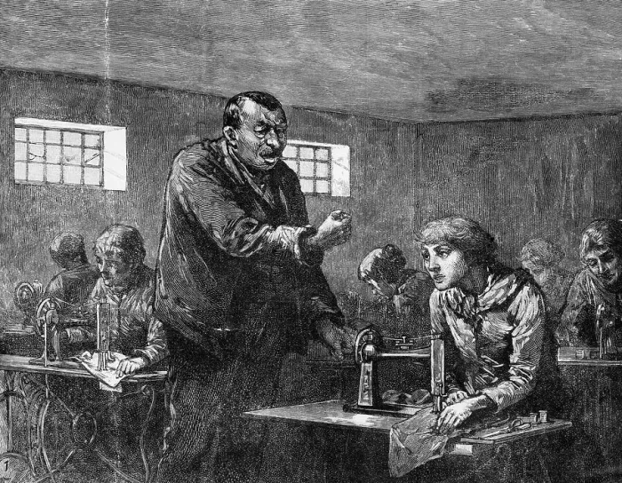 Framed Print : Illustration of a Sweatshop Foreman Threatening Worker Framed Print : Illustration of a Sweatshop Foreman Threatening Worker