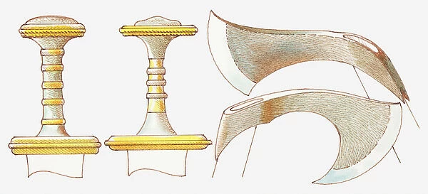 Illustration of sword hilts and axe heads