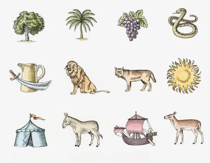 Framed Print : Illustration of the twelve symbols of the tribes of Israel, The sun, pitcher with sword, lion, ship, donkey, snake, round tent, tree, fawn, bunch of black grapes, palm tree, and wolf