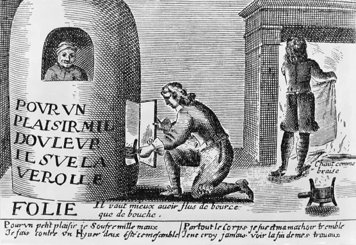 Framed Print : Illustration of a Syphilitic Man in Fumigation Stove Framed Print : Illustration of a Syphilitic Man in Fumigation Stove
