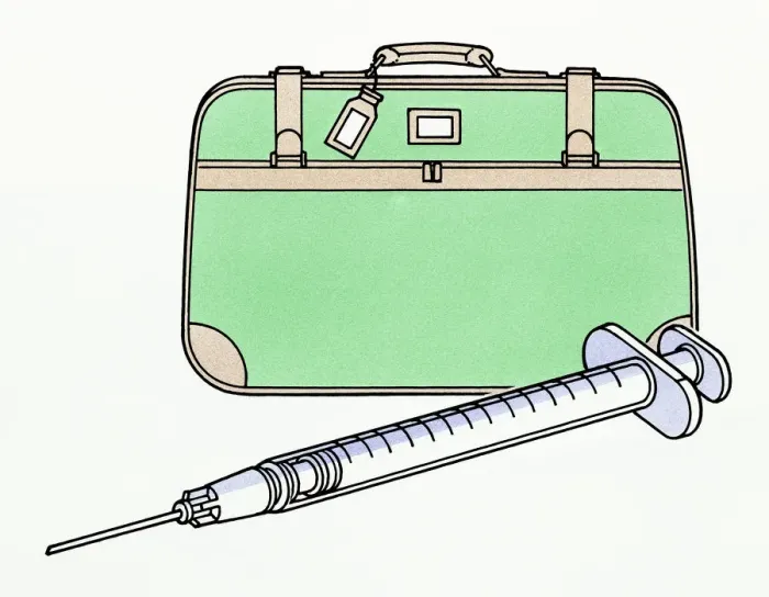 Framed Print : Illustration of syringe next to suitcase