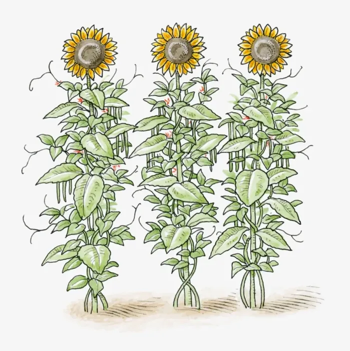Framed Print : Illustration of three tall Helianthus annuus (Sunflower) plants