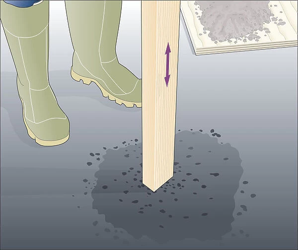 Illustration of tamping down asphalt using wooden post