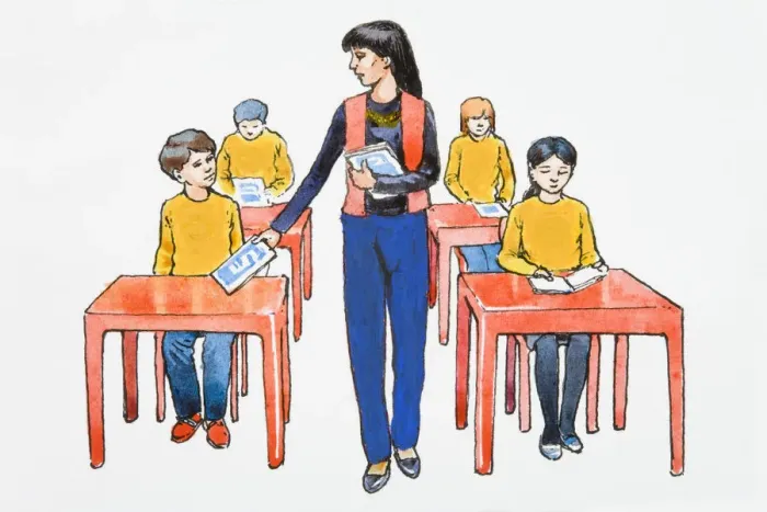 Framed Print : Illustration of teacher giving books to elementary students sitting at desks in classroom Framed Print : Illustration of teacher giving books to elementary students sitting at desks in classroom
