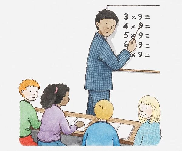Illustration of teacher pointing at simple multiplication exercises in front of a group of schoolchildren