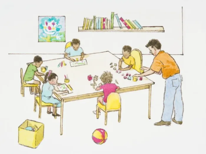 Framed Print : Illustration of teacher standing next to elementary students sitting at table in classroom Framed Print : Illustration of teacher standing next to elementary students sitting at table in classroom