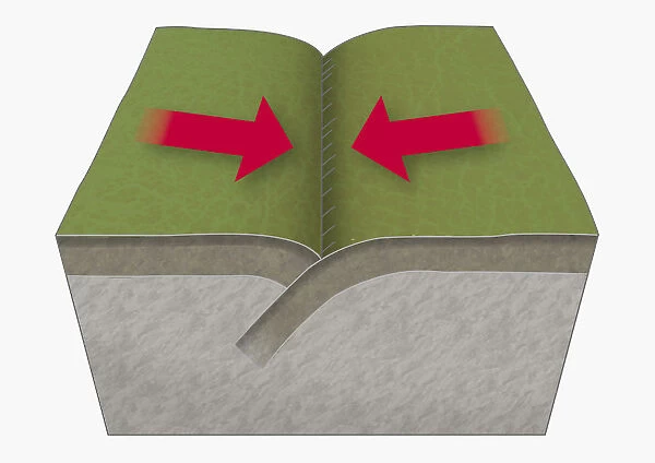 Illustration of tectonic plates moving together (convergent boundary), creating dip or subduction zo