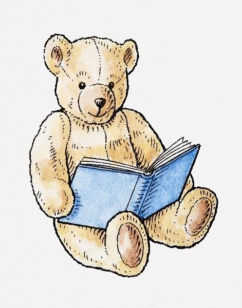 Illustration of teddy bear with book