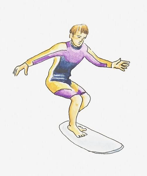 Illustration of teenage boy balancing on surfboard, wearing wetsuit
