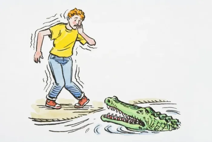 Framed Print : Illustration of teenager shaking with fear, knees knocking and fingers in mouth standing at edge of water looking at crocodile with open mouth Framed Print : Illustration of teenager shaking with fear, knees knocking and fingers in mouth standing at edge of water looking at crocodile with open mouth