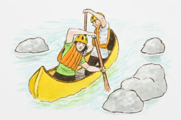 Framed Print : Illustration of teenagers wearing hardhats paddling yellow canoe between rocks on river