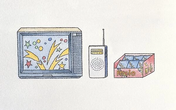 Illustration of television, radio and packets of sweets