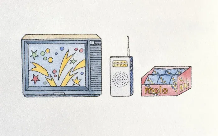 Framed Print : Illustration of television, radio and packets of sweets Framed Print : Illustration of television, radio and packets of sweets