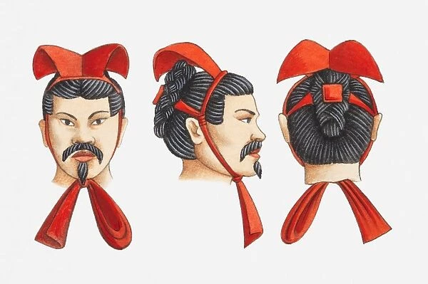 Illustration of Terracotta Army warriors headdress, front, side and rear views