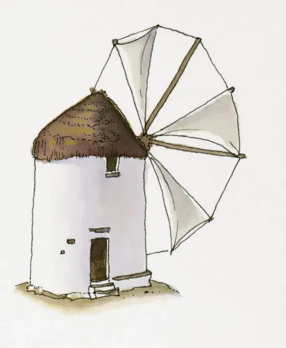 Framed Print : Illustration of thatched windmill near Bodrum