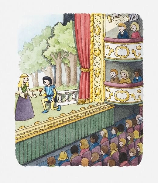 Illustration of a theatres interior with a play being performed on stage and audience in the stalls and balconies