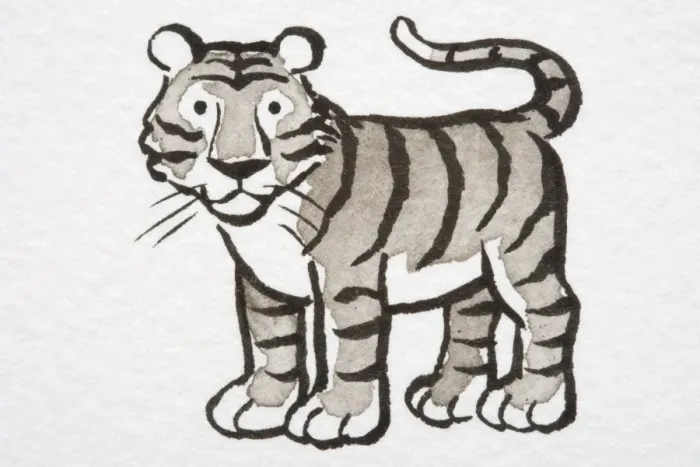 Framed Print : Illustration, Tiger cub standing with its tail curled up, side view Framed Print : Illustration, Tiger cub standing with its tail curled up, side view