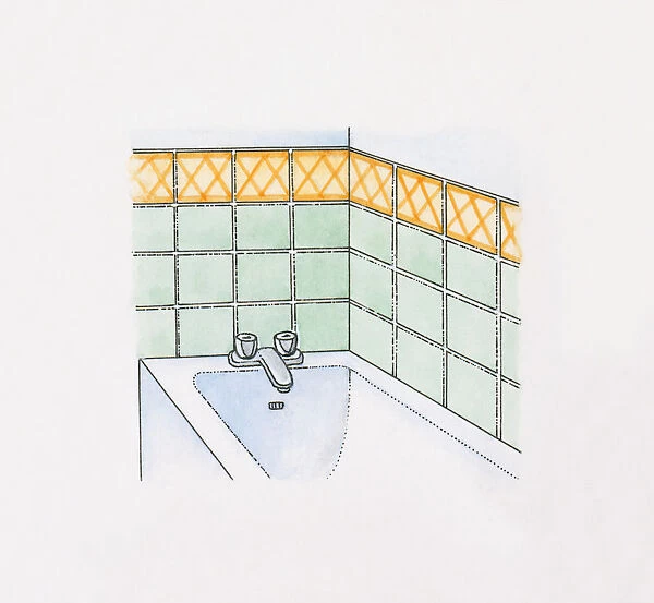 Illustration of tiles on bathroom wall surrounding bath