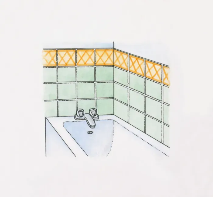 Framed Print : Illustration of tiles on bathroom wall surrounding bath Framed Print : Illustration of tiles on bathroom wall surrounding bath
