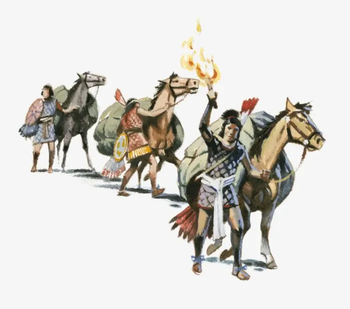 Framed Print : Illustration of Tlaxcaltec leaving city with horses and flaming torch Framed Print : Illustration of Tlaxcaltec leaving city with horses and flaming torch