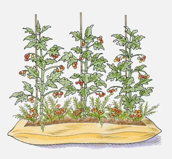 Framed Print : Illustration of tomato plants in compost bag with marigolds growing between to attract pests Framed Print : Illustration of tomato plants in compost bag with marigolds growing between to attract pests
