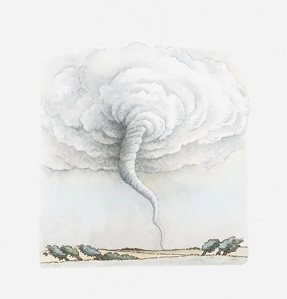 Illustration of tornado above rural landscape