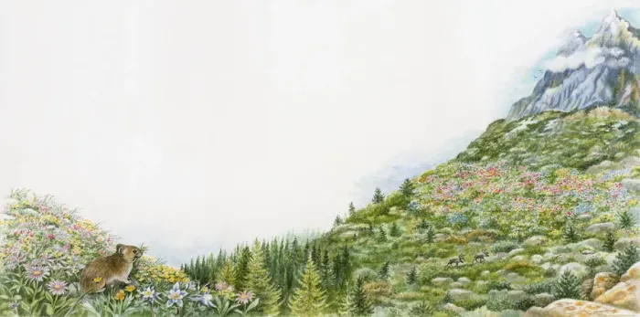 Framed Print : Illustration of tough and hardy plants growing at high altitude with snow-covered mountain in background Framed Print : Illustration of tough and hardy plants growing at high altitude with snow-covered mountain in background