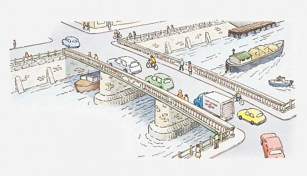 Illustration of traffic on a bridge and ships on river