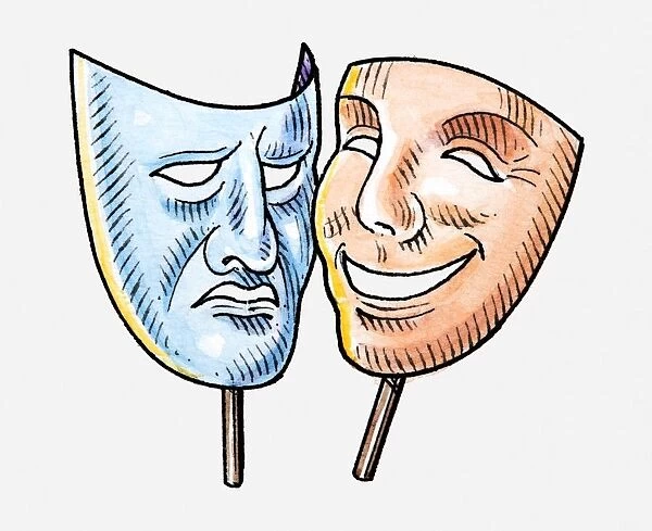 Illustration of tragedy mask and comedy mask
