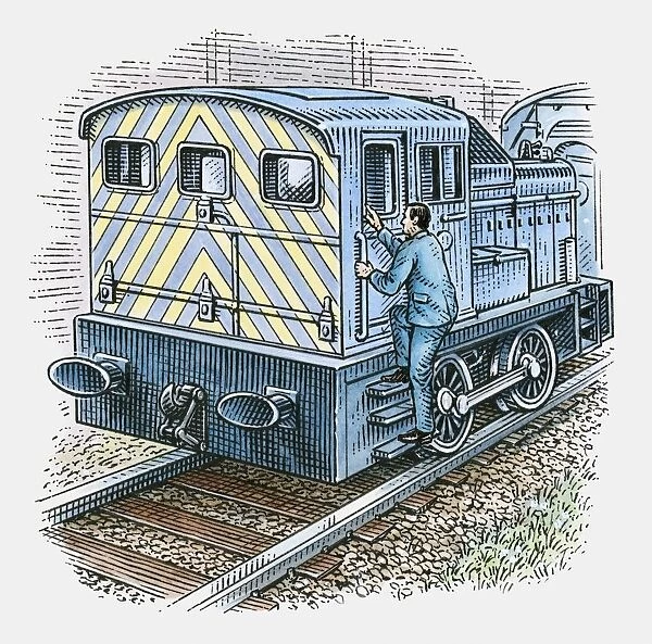 Illustration of train engineer moving up steps to engine door