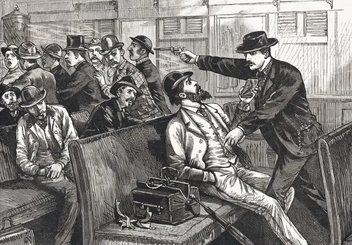 Framed Print : Illustration of Train Robbery in Progress Framed Print : Illustration of Train Robbery in Progress