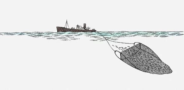 Illustration of trawler at sea dragging fishing net to