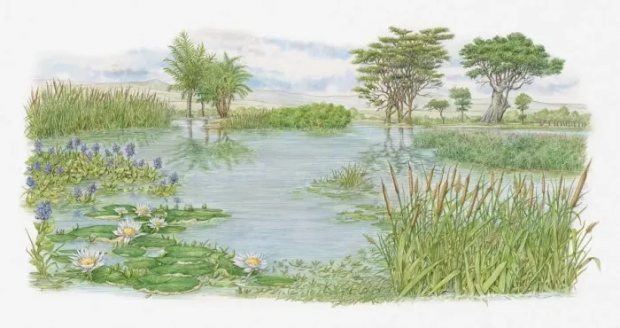 Framed Print : Illustration of trees, water lilies and bulrushes surrounding lake on Kenyas lush plains Framed Print : Illustration of trees, water lilies and bulrushes surrounding lake on Kenyas lush plains