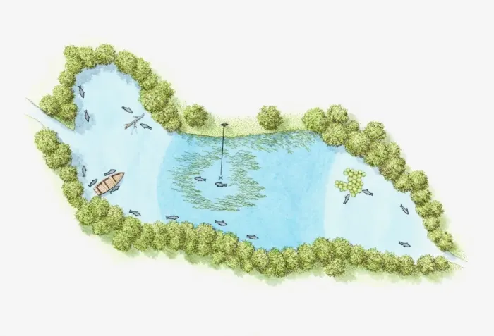 Framed Print : Illustration of trout lake fed by stream and spring, with tree-lined banks, clear water with some heavy weed, trout, and fishing boat