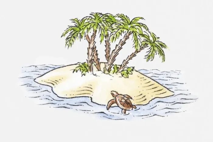 Framed Print : Illustration of turtle climbing onto small island in sea Framed Print : Illustration of turtle climbing onto small island in sea