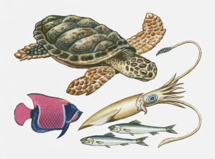 Framed Print : Illustration of turtle, squid, sardines and angel fish Framed Print : Illustration of turtle, squid, sardines and angel fish