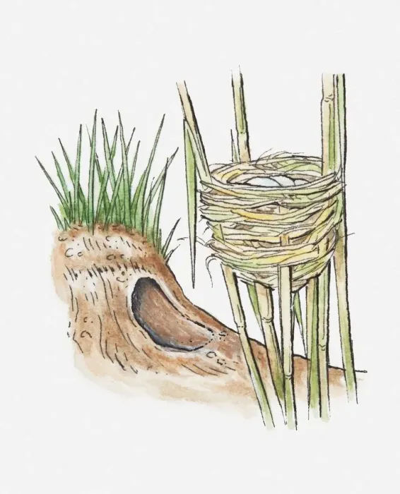 Framed Print : Illustration of two types of animals nests, entrance to a burrow, and a reed warblers nest built between the stems of reed plants Framed Print : Illustration of two types of animals nests, entrance to a burrow, and a reed warblers nest built between the stems of reed plants